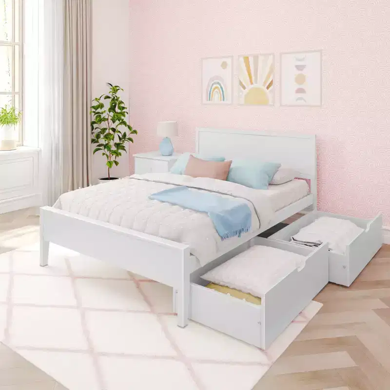 Full Size Bed Frame with Storage Drawers, Solid Wood Platform Bed for Kids