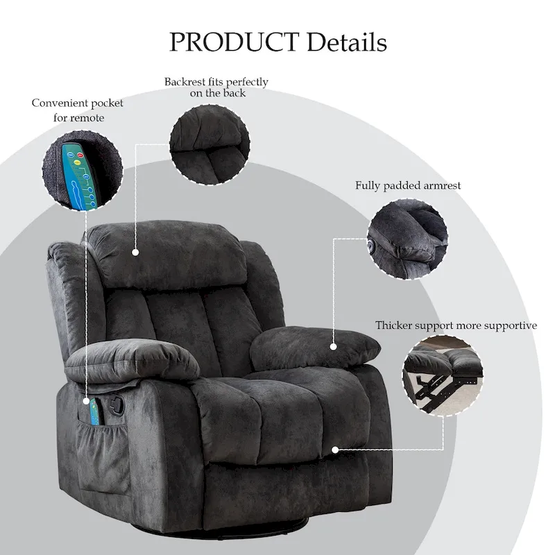 Soft Fabric Overstuff Manual Recliner with Massager and Heat
