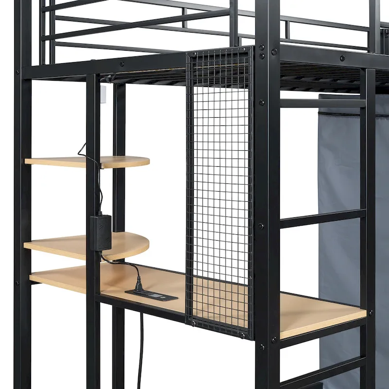 Twin Metal Loft Bed with Built-in Desk, Wardrobe & Power Outlet - 350LB Capacity