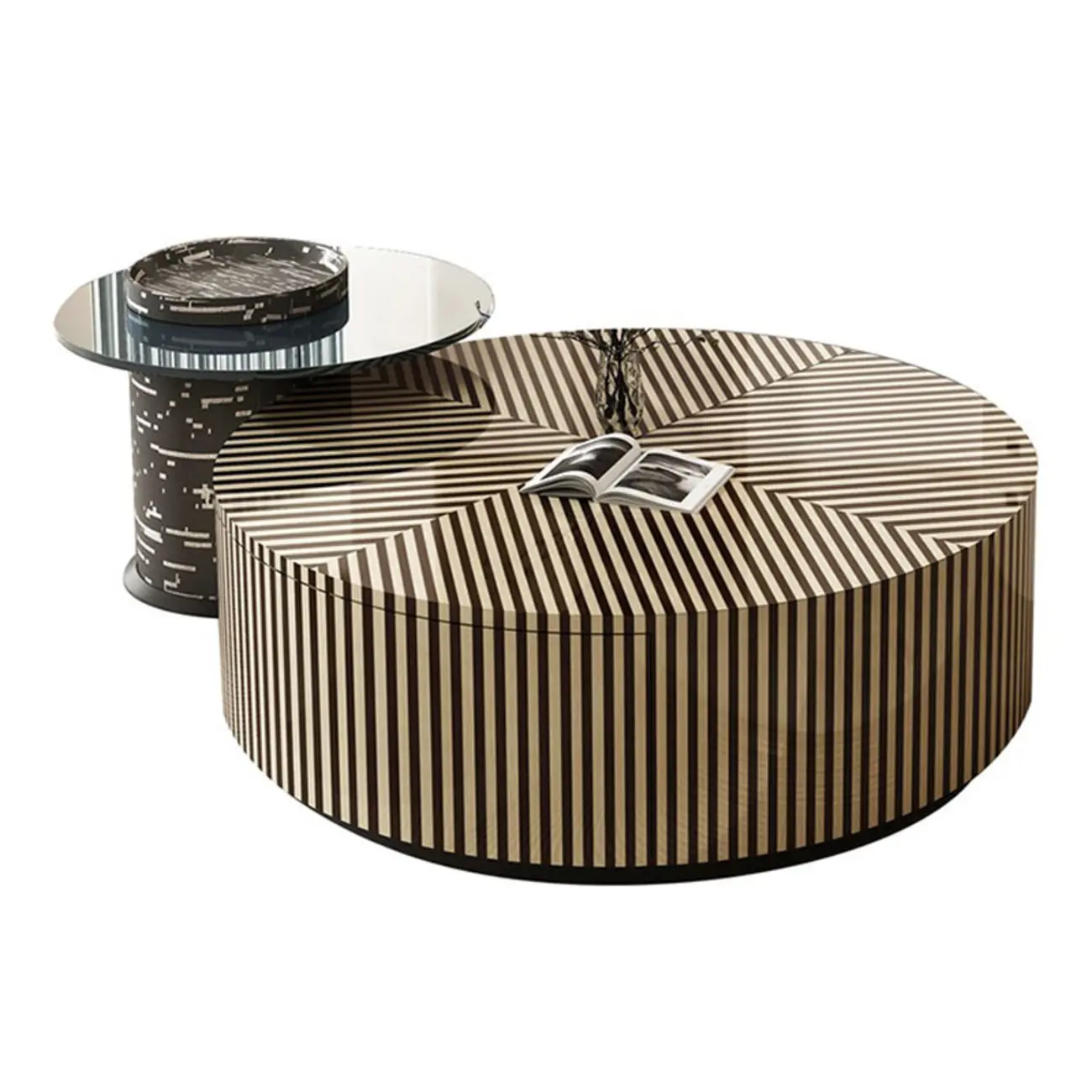 Black and White Stripe Wooden Round Coffee Drawer Table