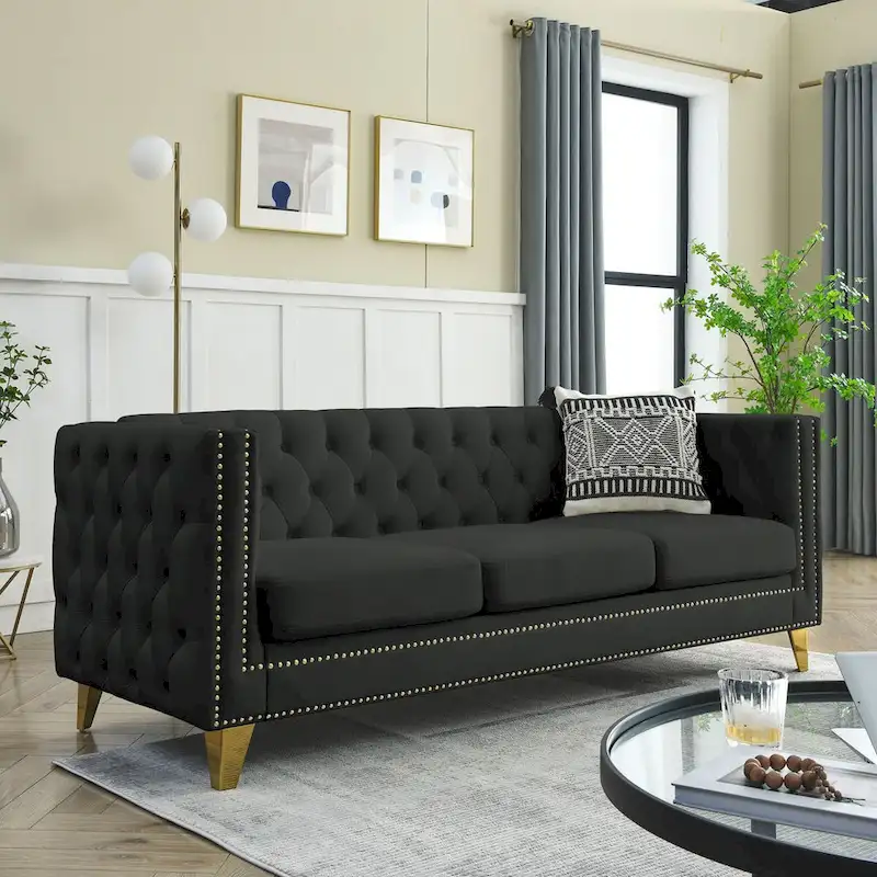 Velvet Upholstered 3 Seat Sofa, Classic Chesterfield Couch Buttons Tufted Square Arm Sofa with Nailheads and Metal Legs