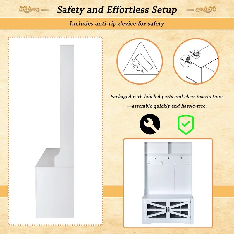 Wide Hall Tree with 10 Shoe Cubbies & 7 Coat Hooks, 43 W Coat Rack with Entryway Bench, 3-in-1 Design and Adjustable Shelves