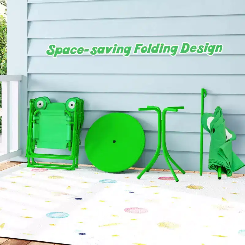 Costway Kids Picnic Table & Chair Set with 2 Folding Chairs & Height Adjustable Umbrella Brown/Green/Pink