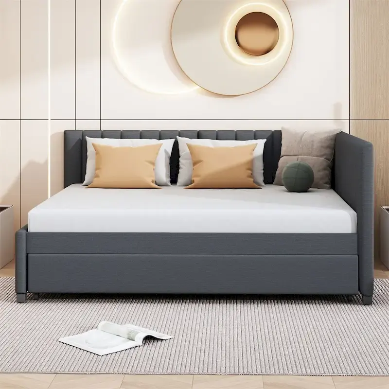 Full Size Upholstered Daybed with Twin Trundle, Linen Fabric, 78.9"L x 57.9"W, No Box Spring