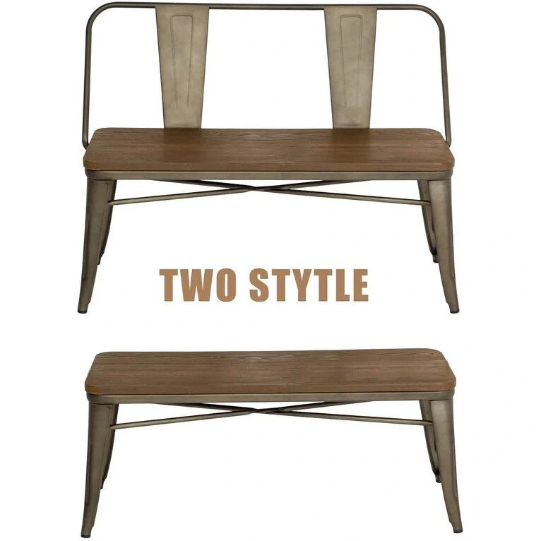 Dining Bench, Entryway Bench with Back, Farmhouse Metal Dining Bench, Industrial Mid-Century 3 Person Bench, Wood Seat