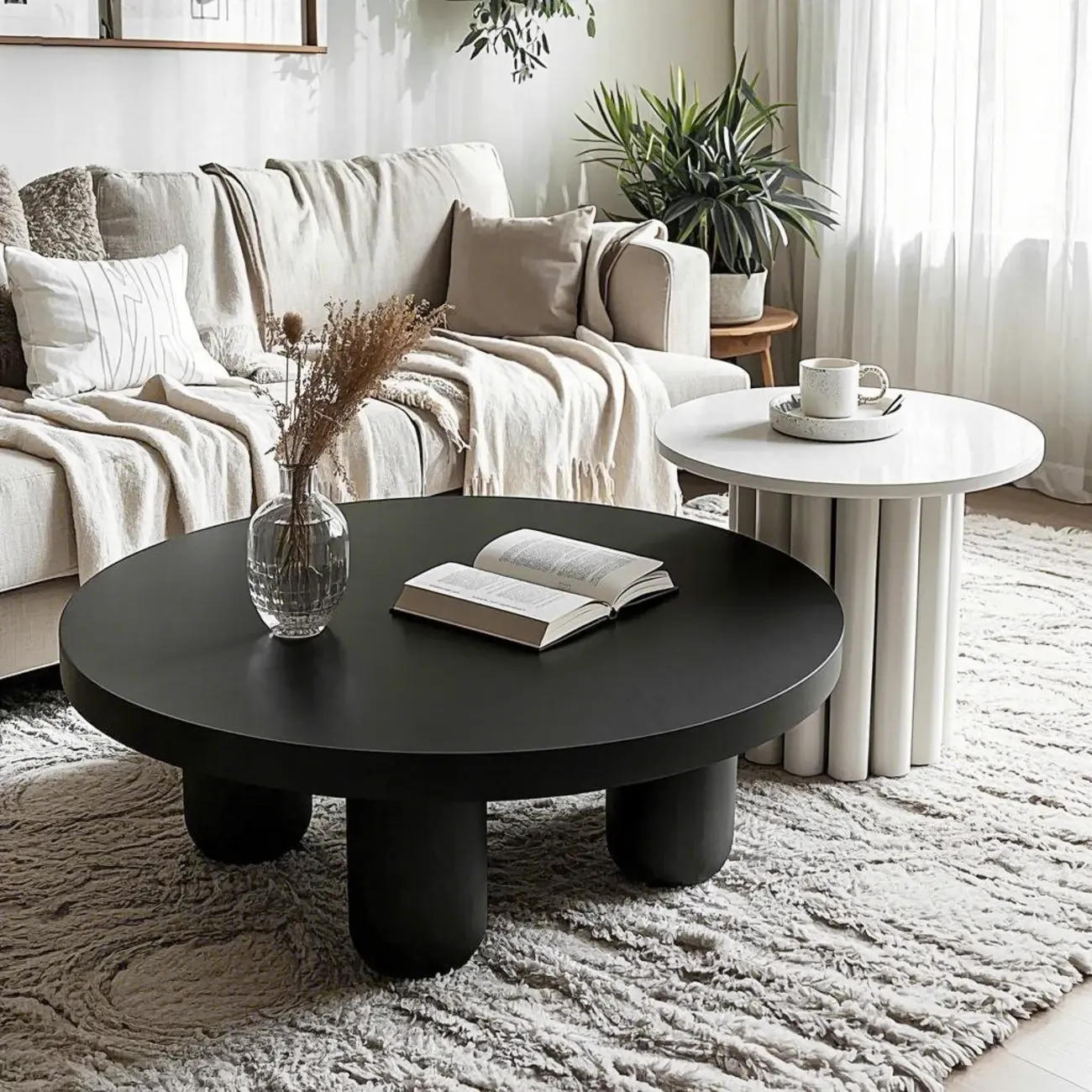 Black and White Minimalist Round Wood Coffee Table