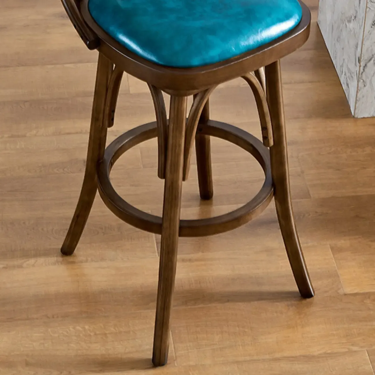 Antique Blue Leather Upholstered Rotatable Bar Stool