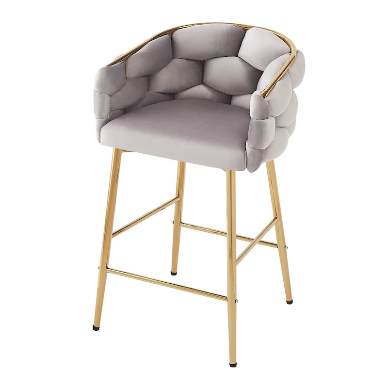 Set of 2 Bar Stools with Velvet Padded Seat and Metal Legs