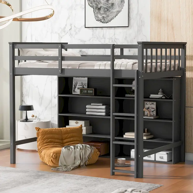 Twin Loft Bed with Storage Shelves