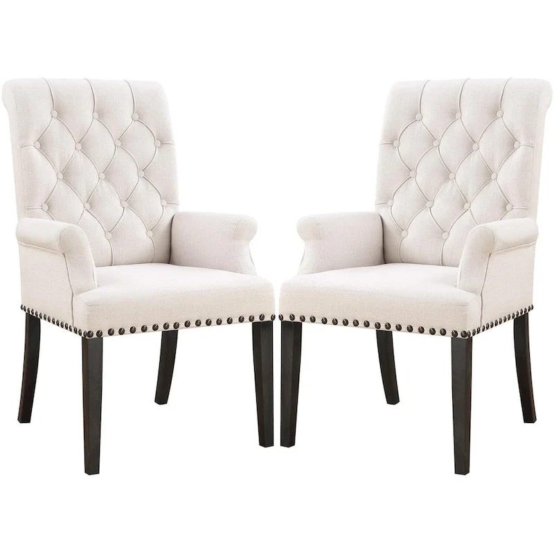 Rolled Back Design Button Tufted Beige Dining Arm Chair with Nailhead Trim