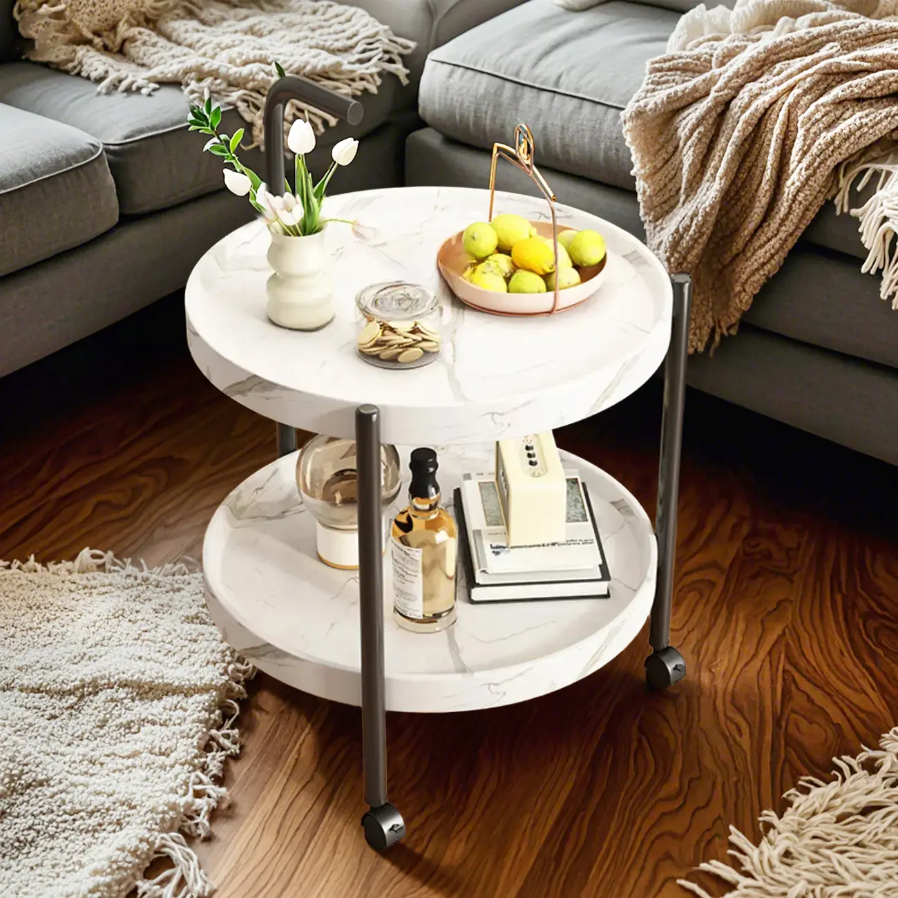 Modern 2-Tier Wood Round Coffee Table with Wheels, Tray