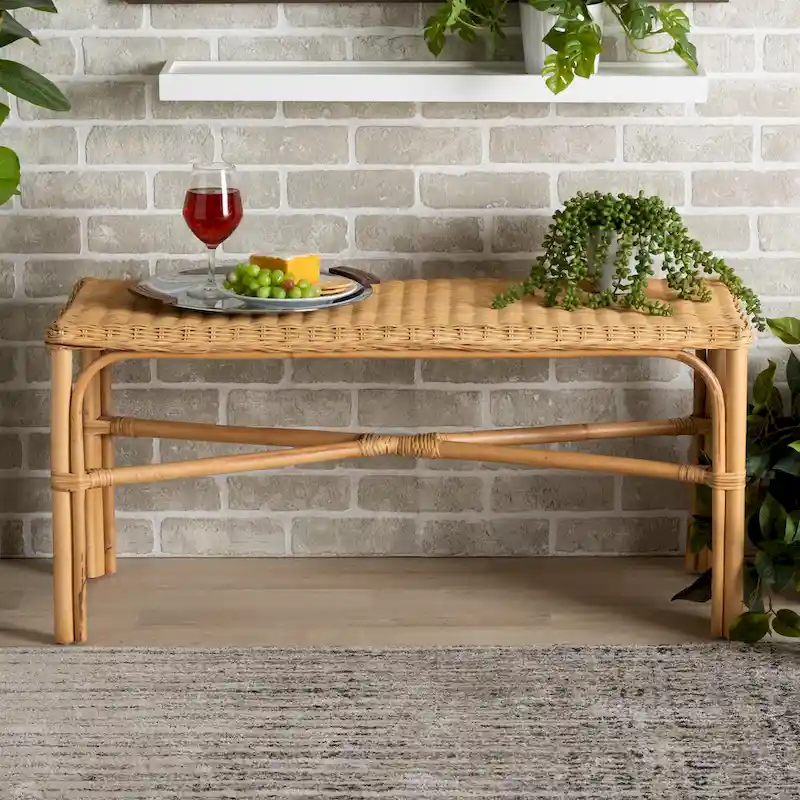 Cacaban Modern Bohemian Natural Brown Rattan Accent Bench