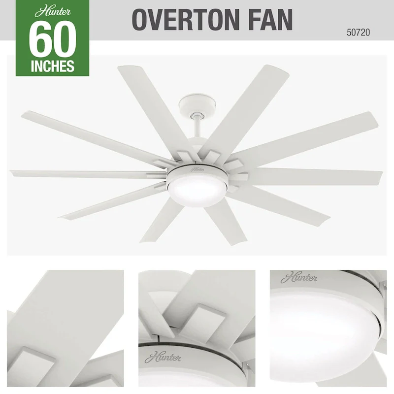 Hunter 60  Overton Damp Rated Ceiling Fan with LED Light Kit and Wall Control - Windmill, Transitional, Modern - ENERGY STAR