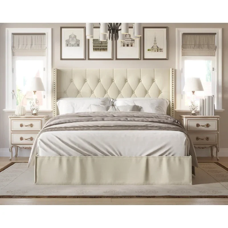 Tufted Upholstered Panel Bed, Wingback Headboard, Nailhead Trim, Seats 2, Grey/Black/Beige/Denim Blue, Twin/Full/Queen/King