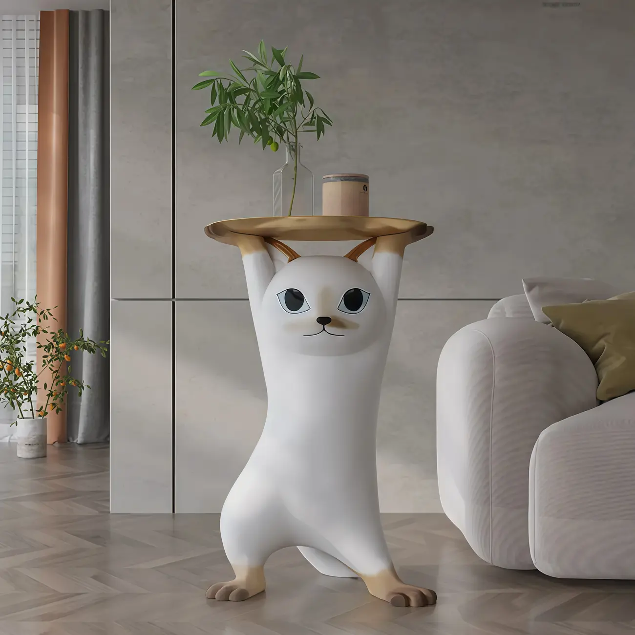 Modern Cute Cat-Shaped Golden Round Top Side Table