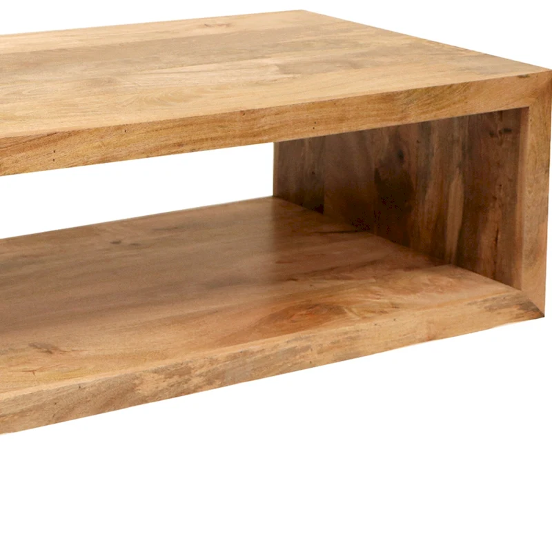 Keli 58 Inch Mango Wood Coffee Table, Open Cube, 1 Shelf, Natural Brown
