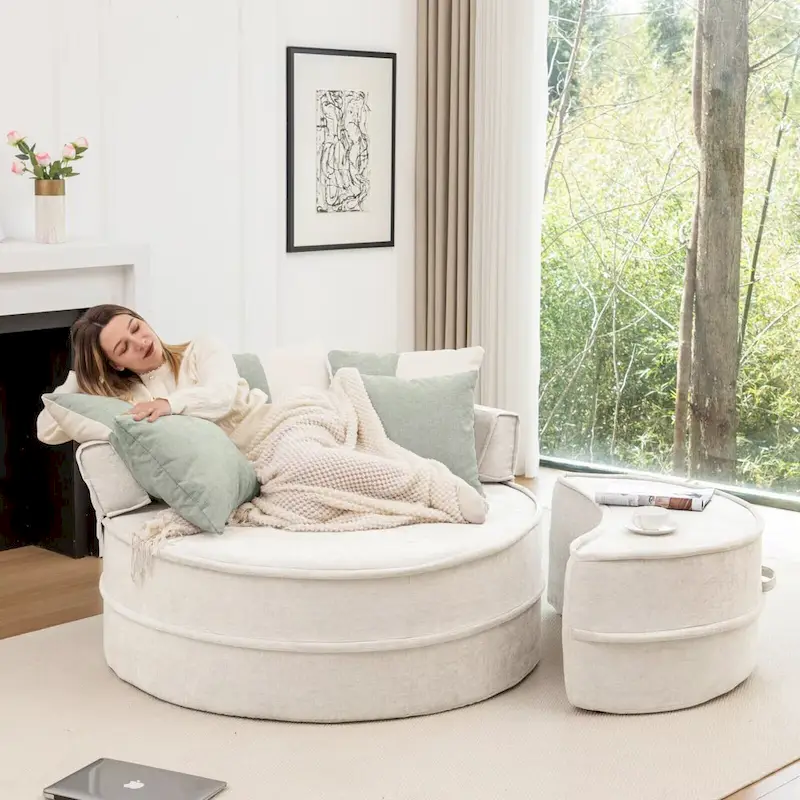 Modern Round Barrel Accent Chair with Ottoman - Velvet Lounge Sofa