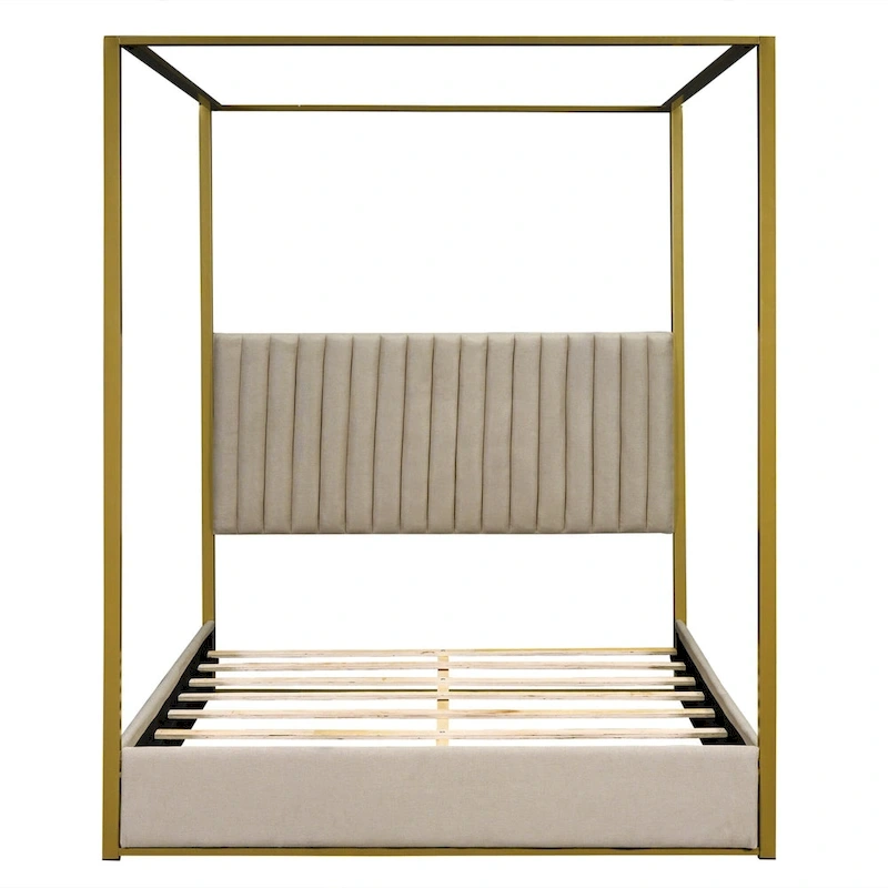 Queen Linen Canopy Bed with Headboard and Metal Frame