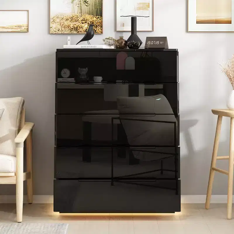 Hitow High Gloss 5 Drawer Dresser with Underlight Concealed Handle Chest of Drawers