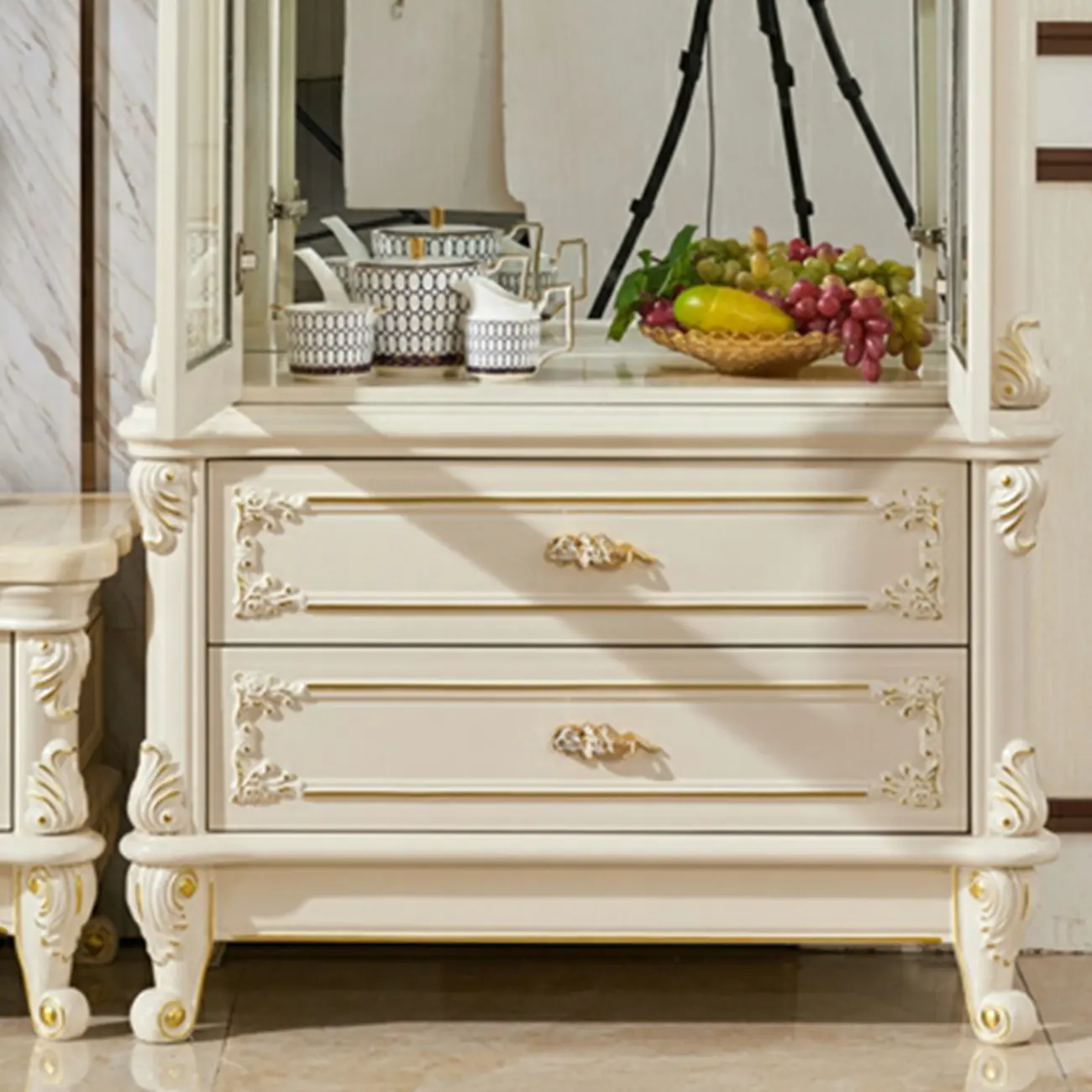 Glam White Wooden Glass Curio Cabinet with Drawers
