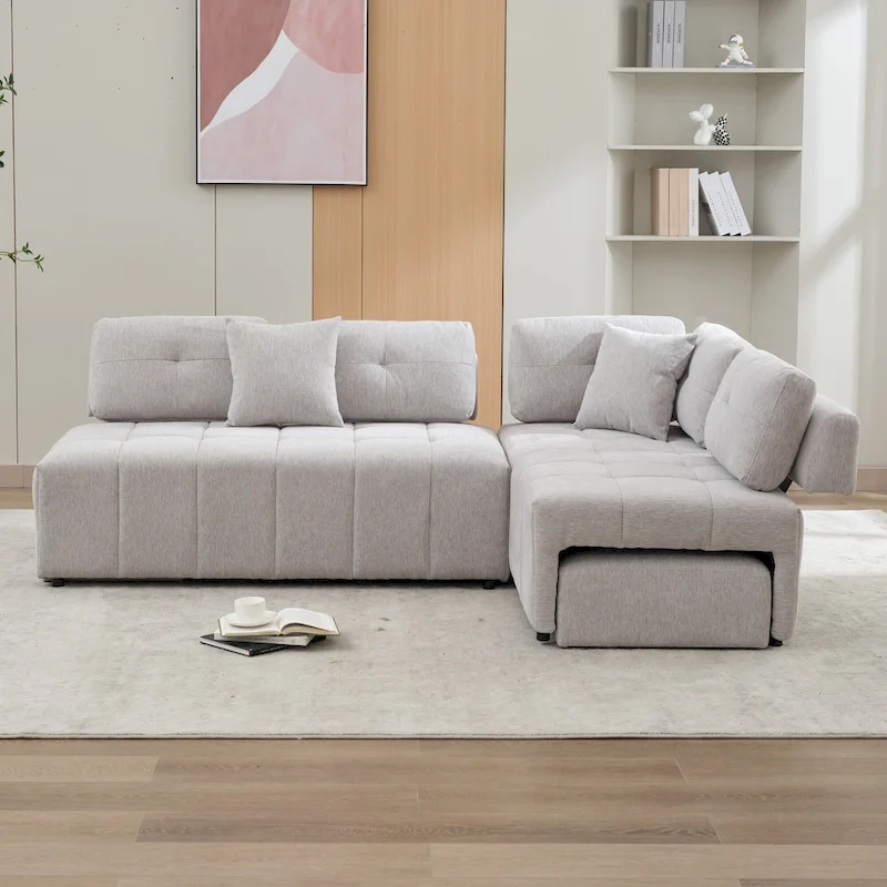 91.73 L-Shaped 4-Seat Sectional Sofa with 2 Hidden Stools, 2 Removable Lumbar Cushions, and Durable Chenille Fabric