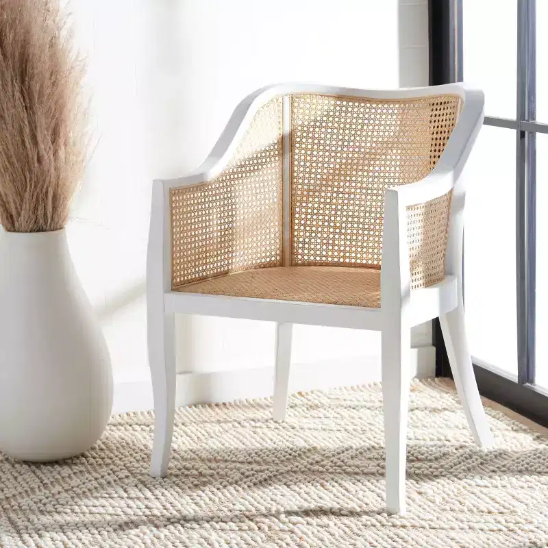 Cane Dining Arm Chair – Elm Wood Frame, Curved Back, White, 275 lb Capacity
