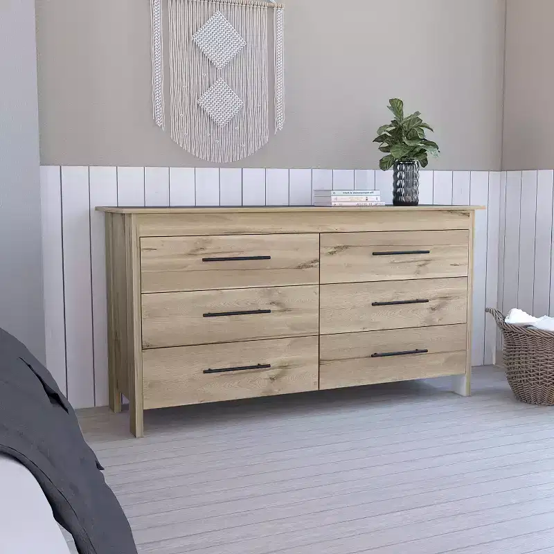 Okak Modern Rectangle Bedroom Dresser with 6-Drawers & Black Metal Pulls, Ample Storage Chest Cabinet for Living Room Hallway Entryway