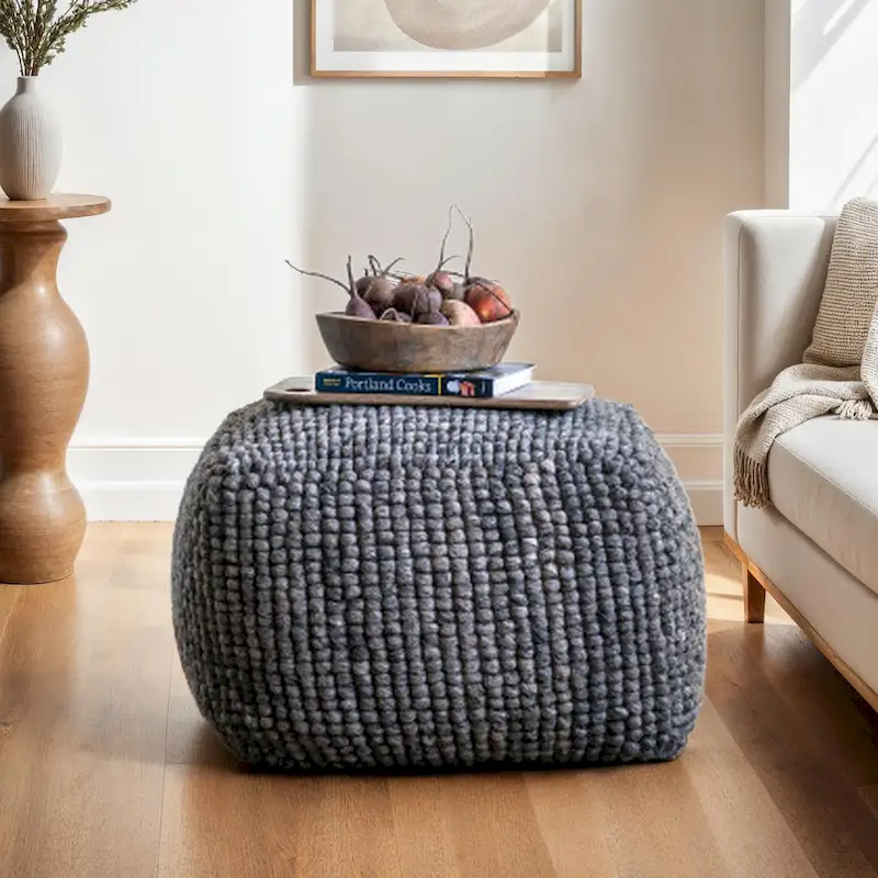 Cream/Grey/Teal Wool & Cotton Round Pouf Ottoman, 24