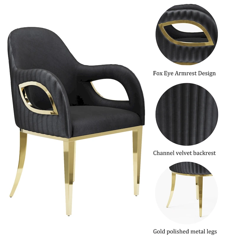 Modern Black Velvet Upholstered Armchair Dining Chair with Gold Legs