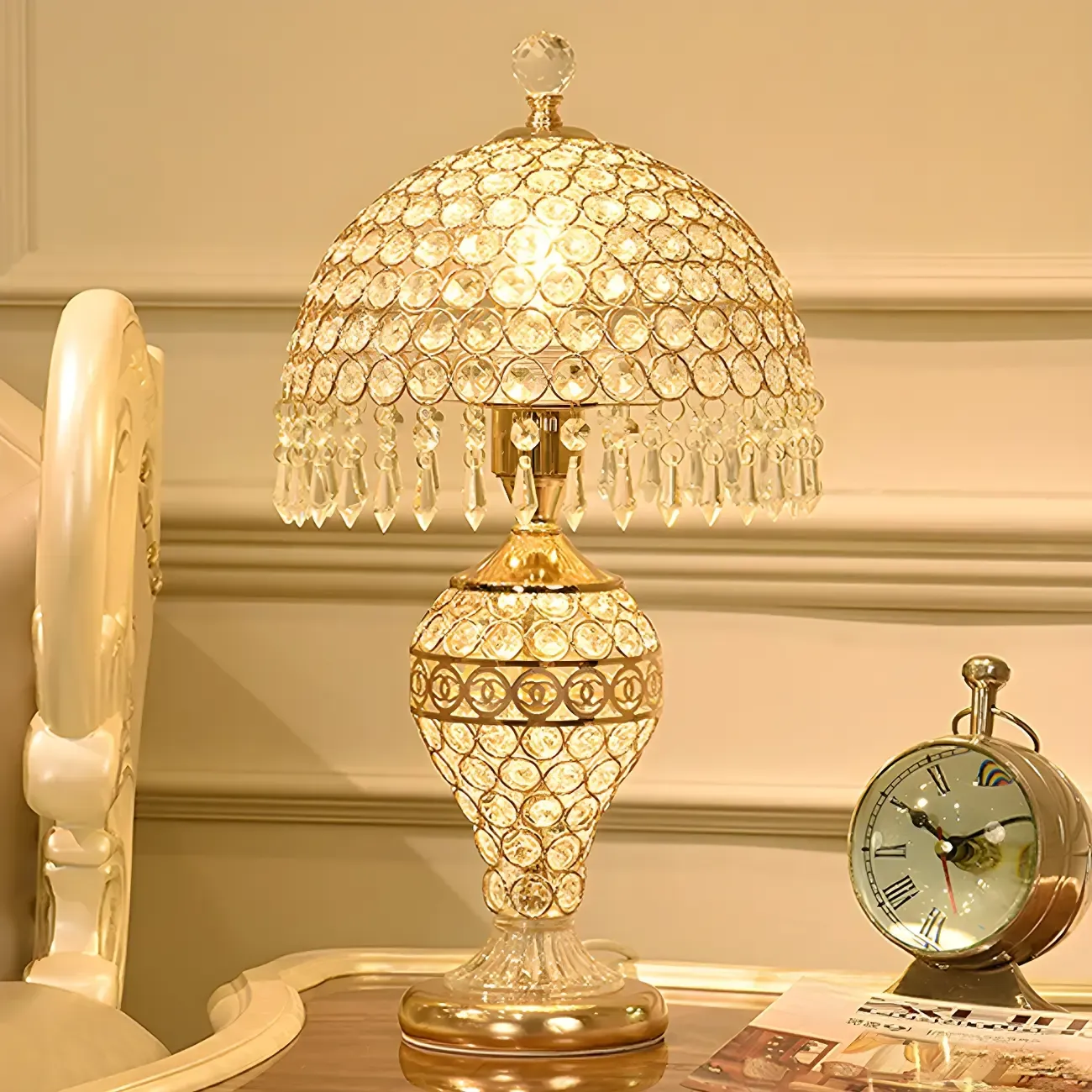 Traditional Luxurious Empire Gold Crystal Bedside Lamps