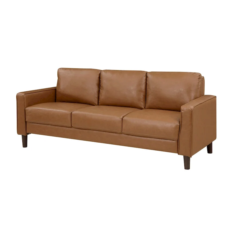 77 Inch Sofa, Brown Faux Leather, Track Style Arms, Solid Wood Frame