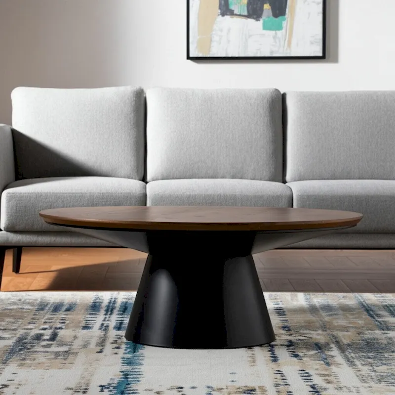 HomeRoots 40 Brown and Black Solid Wood and Iron Round Pedestal Coffee Table - 40' X '16.5' X '40