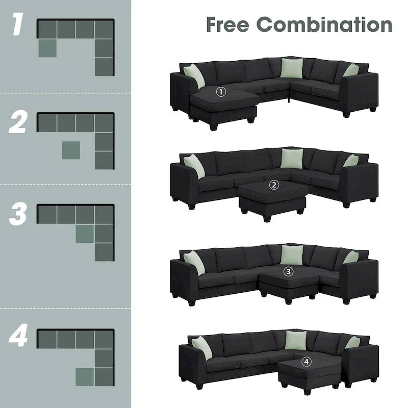 112*87 Sectional Sofa Couches Living Room Sets 7 Seats Modular Sectional Sofa with 3 Pillows, Black