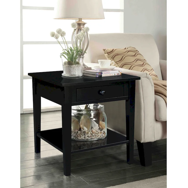 Square Solid Parawood End Table with Drawer & Shelf, 24