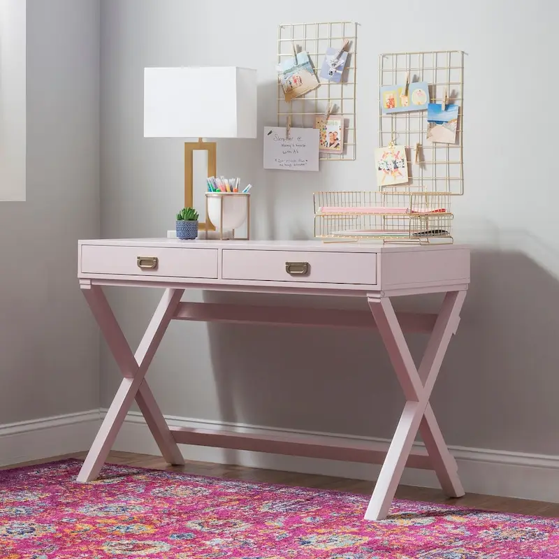 Pink / Light Pink Rectangular Writing Desk with 2 Drawers and X-Frame Legs – Single User