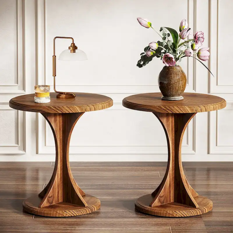 Round End Side Table for Living Room, Wood Small Sofa Chair Side Table, Easy Assembly