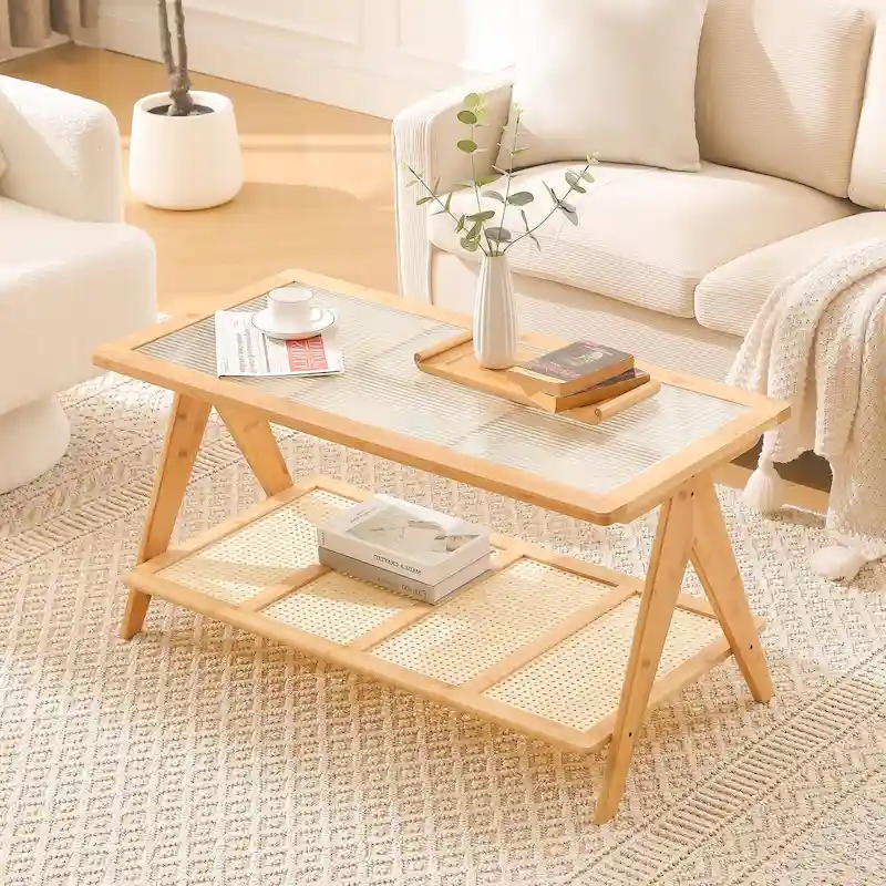 Bamboo Glass Top Side Table Accent End Table with Magazine Rack