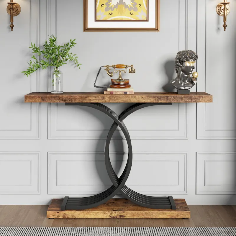 Black/ Gold Modern Sofa Table with Faux Marble Tabletop, 39 Inches Wood Foyer Table with Geometric Metal Legs for Entryway