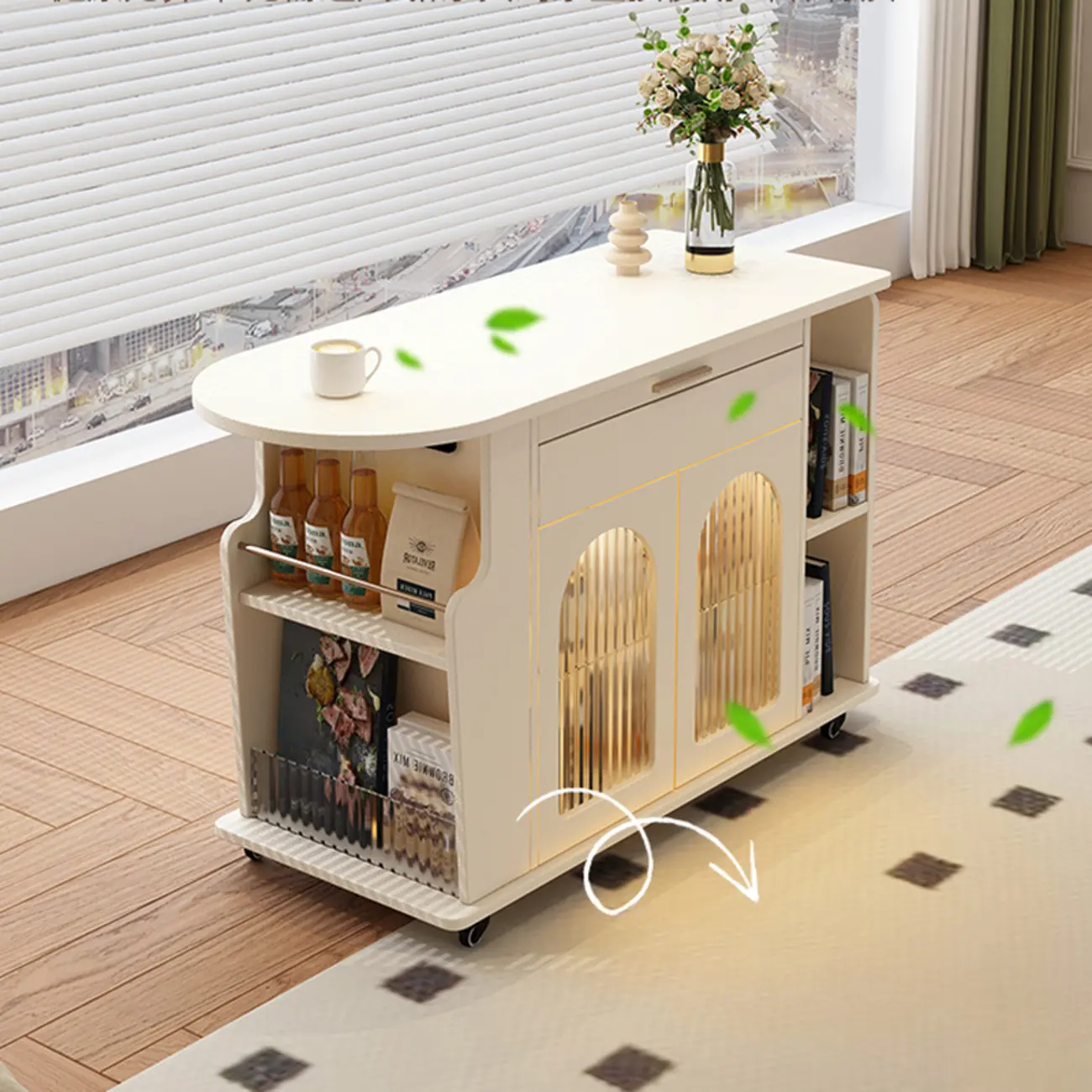 Adjustable White Wood Multi-Functional Side Table with Wheels