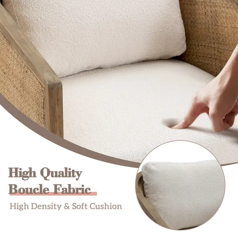 Boucle/Leather Upholstered 360 Degree Swivel Round Barrel Club Chair