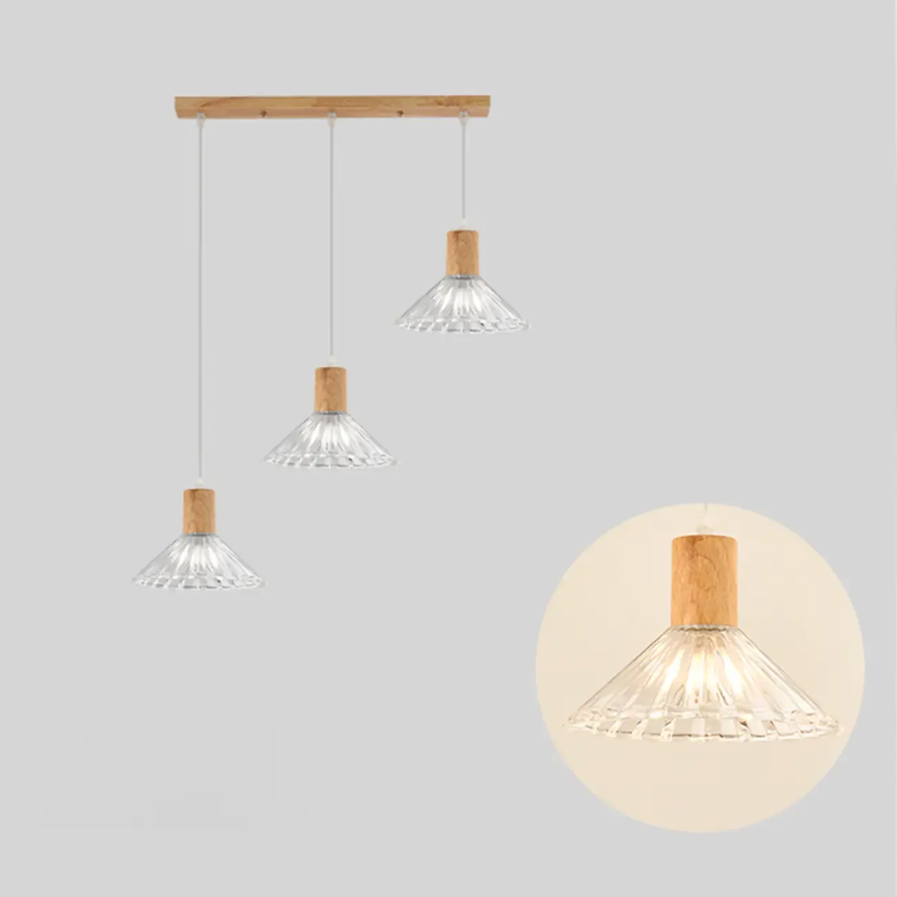 Glass Shade Wood Kitchen Island Pendant Light Adjustable Length