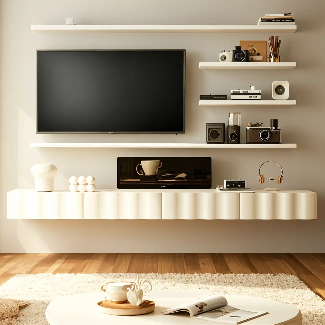 Contemporary White Wood Floating Wave TV Stand with Drawers