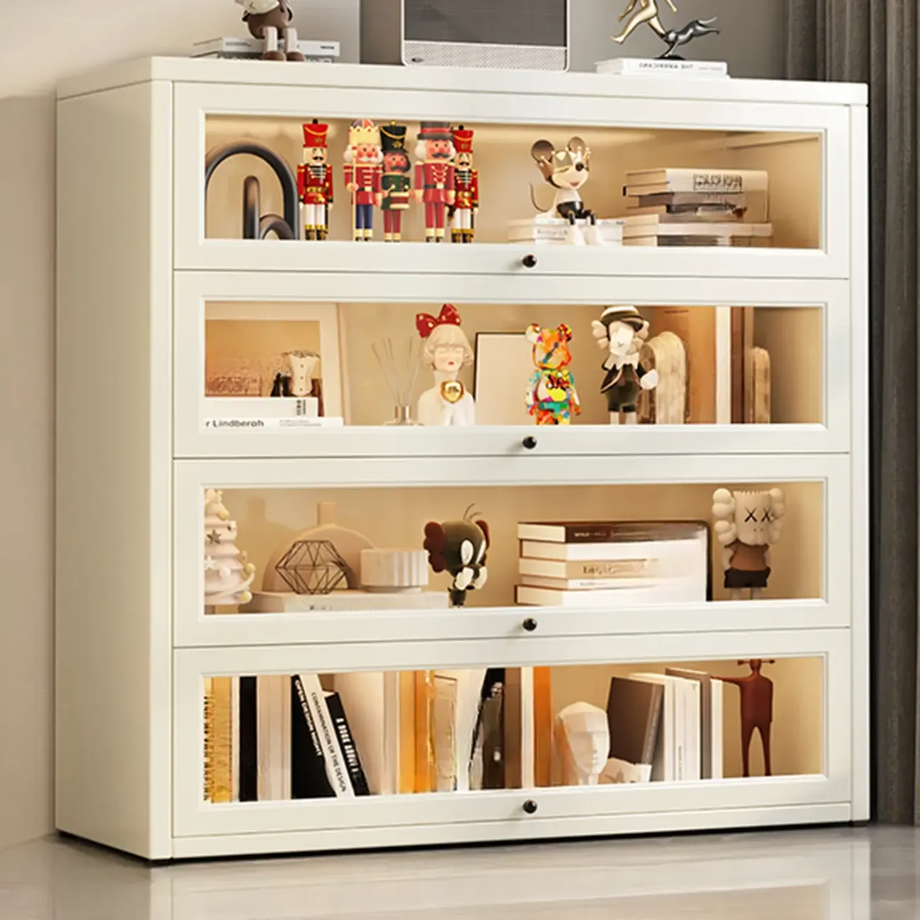 Chalk Vertical Bookshelves with 3 Cabinets, 3-Shelf Alloy Frame and Closed Back