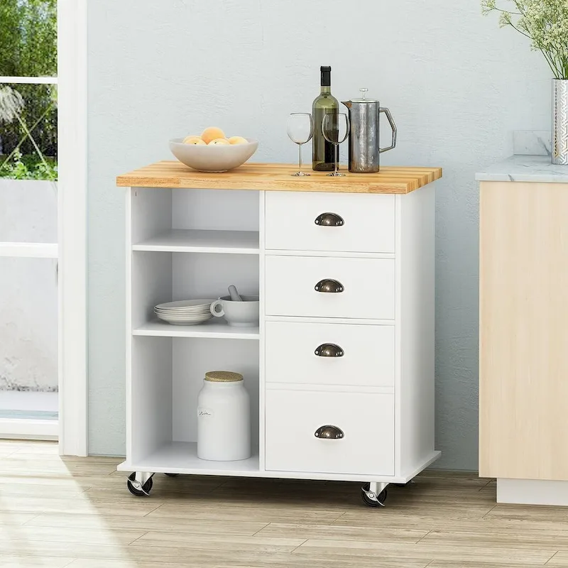 Contemporary Wood Kitchen Cart with Wheels Drawers and Cabinet