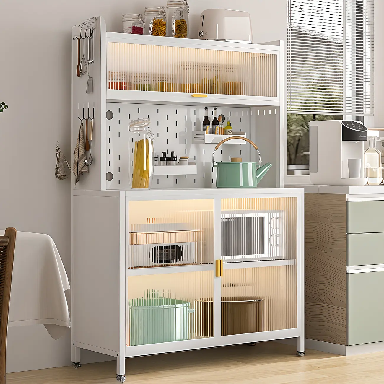 Modern Steel Multi-Shelf Sideboard with Pegboard Back