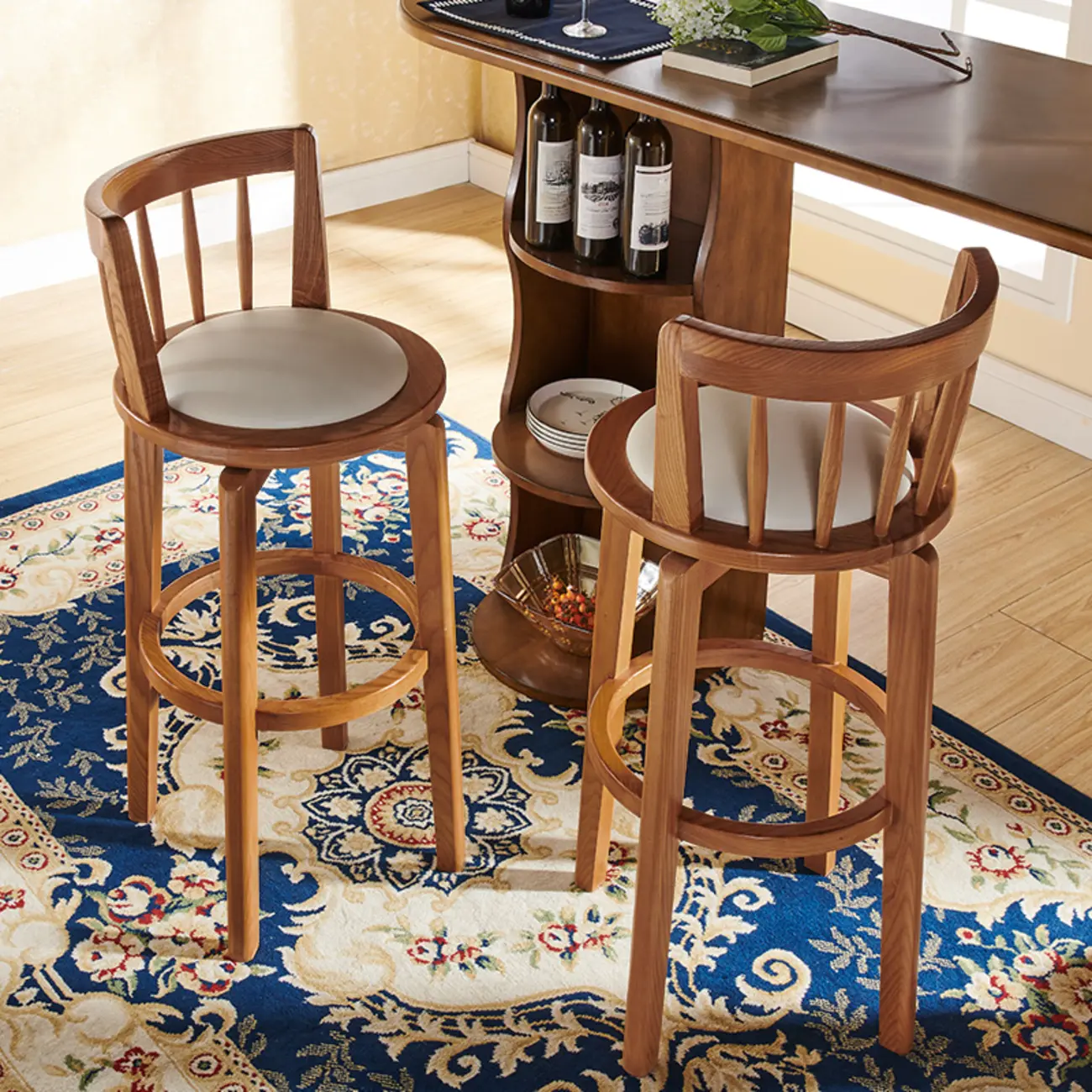 Mid-century Modern Wooden Swivel Bar Stool Upholstered