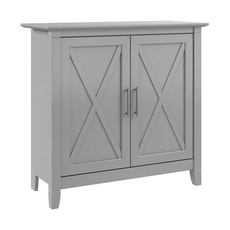 Farmhouse 2-Door Storage Cabinet with X-Pattern Accents and Adjustable Shelf – Cape Cod Gray / Washed Gray / Pure White Oak, for 1 Person