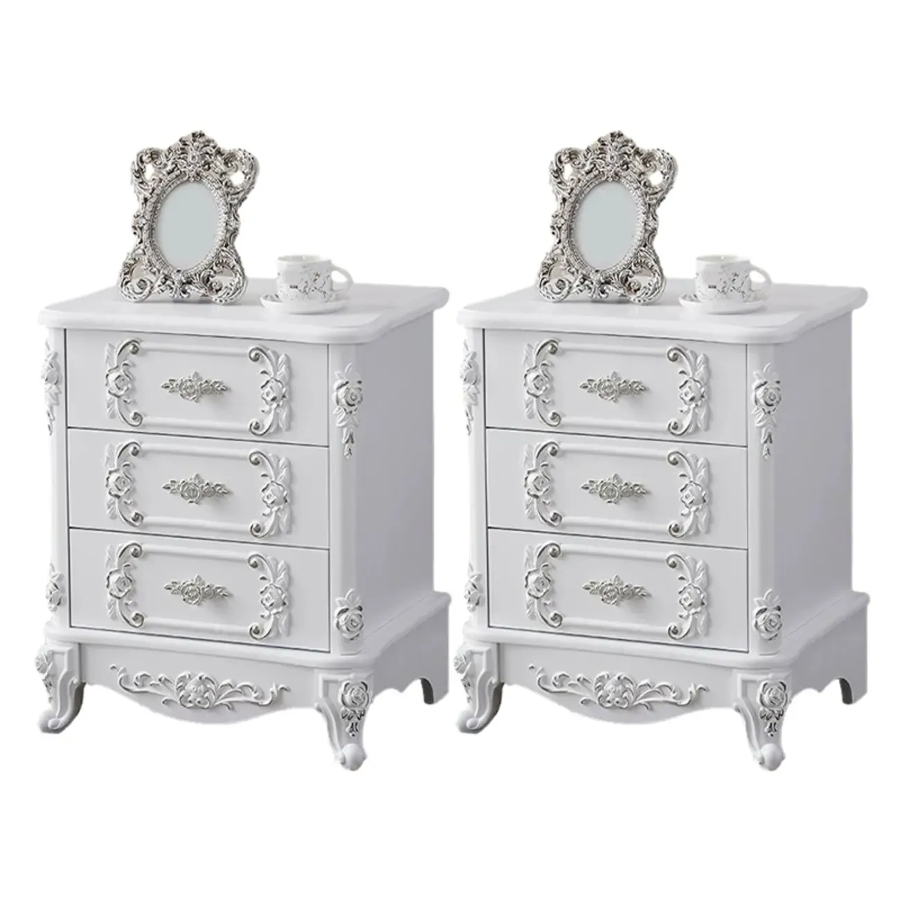 Traditional White Wood Carved 3-Drawer Nightstand