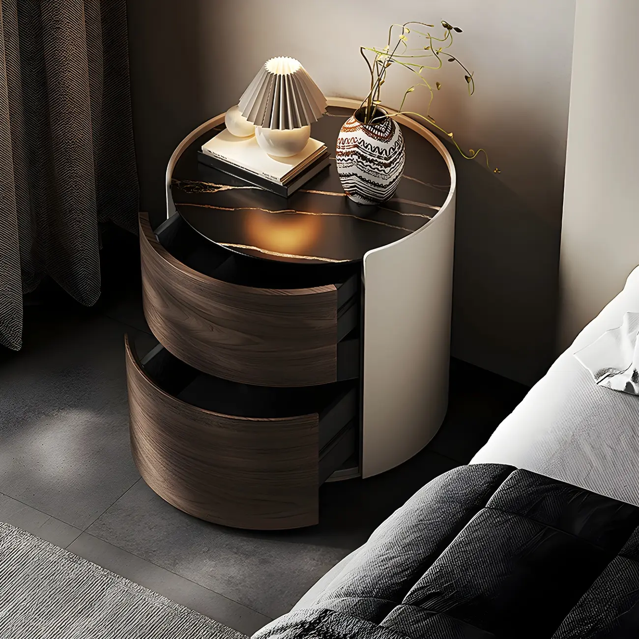 Modern Slate Countertop Round 2-Drawer Nightstand