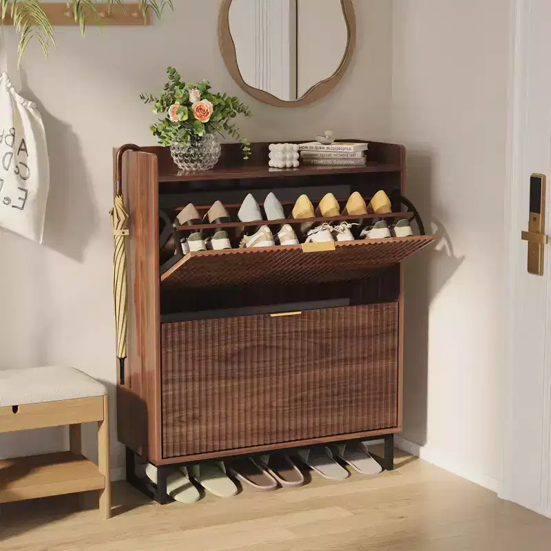 White Flip-Down Shoe Cabinet, Slim Style, 2-Person